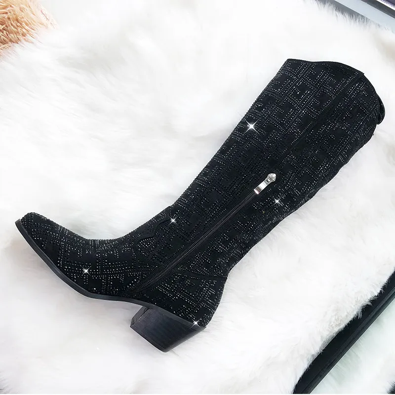 Onlymaker Women Black Knee High Boots Western Cowboy Boots Wide Calf Pointed Toe Block Heel Pull-On Cowgirl Handmade Boots