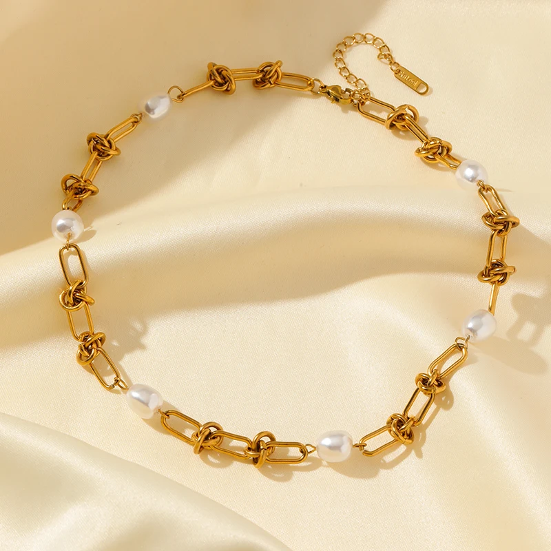 EILIECK 316L Stainless Steel Metal Gold Color Pearl Knot Chain Necklace Bracelet Set For Women Fashion Statement Jewelry Gift
