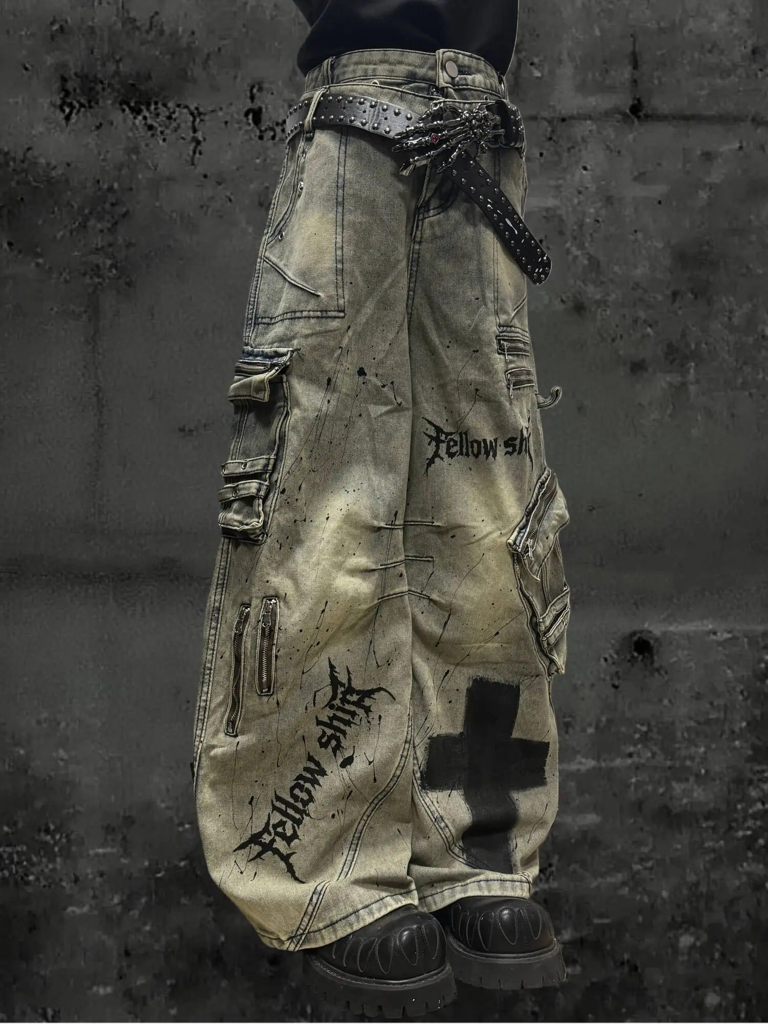 

Unisex Jeans 2026 Spring Retro Wasteland Cargo Jeans Man Women Japanese Y2K Washed Splatter Multi Pocket Double Waist Pants
