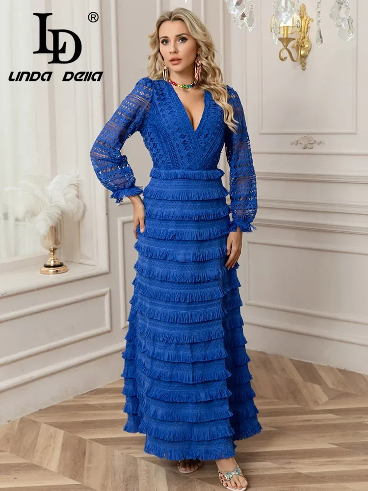 LD LINDA DELLA 2025 Spring/Summer New Design V-neck Hollow Lantern Long Sleeve Heavy duty tassel A-line Skirt Long Dress