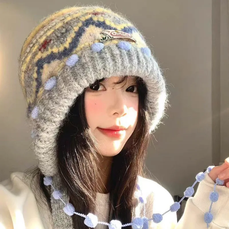 

Warm Insulated Fair Isle Balaclava for Women - Vintage Knit Ear Warmers, Thickened Face-Flattering Winter Hat