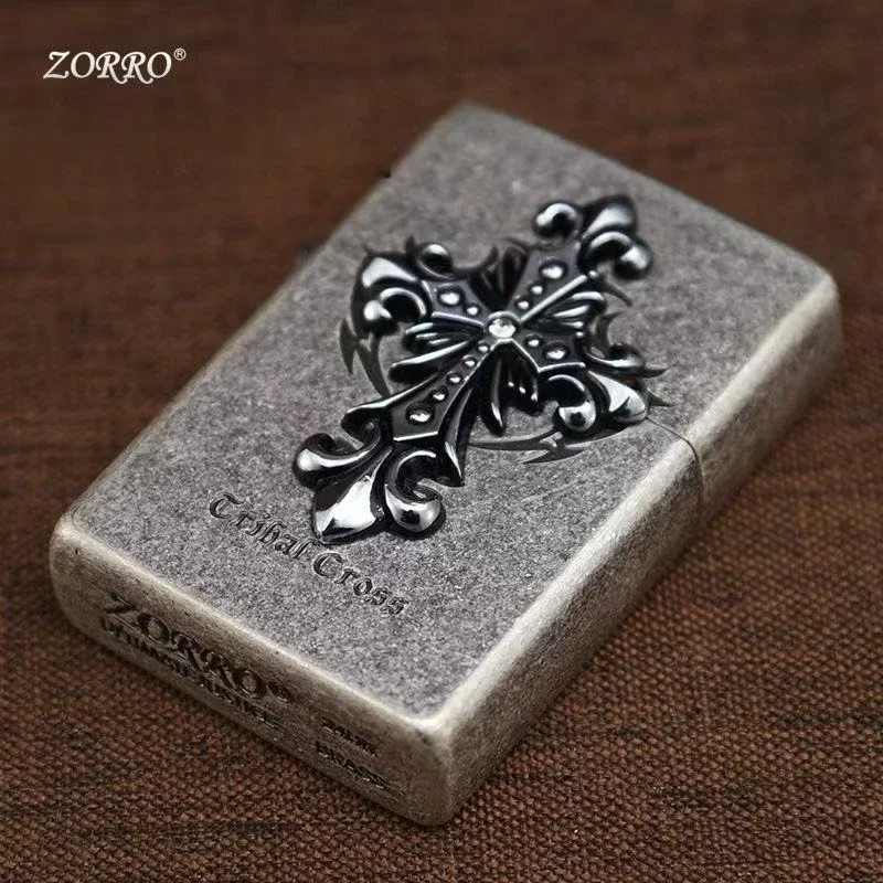 Zorro Kerosenes Windproof Lighter 3D Ancient Silver Cross Stamp Retro Grinding Wheel Design for Wholesale