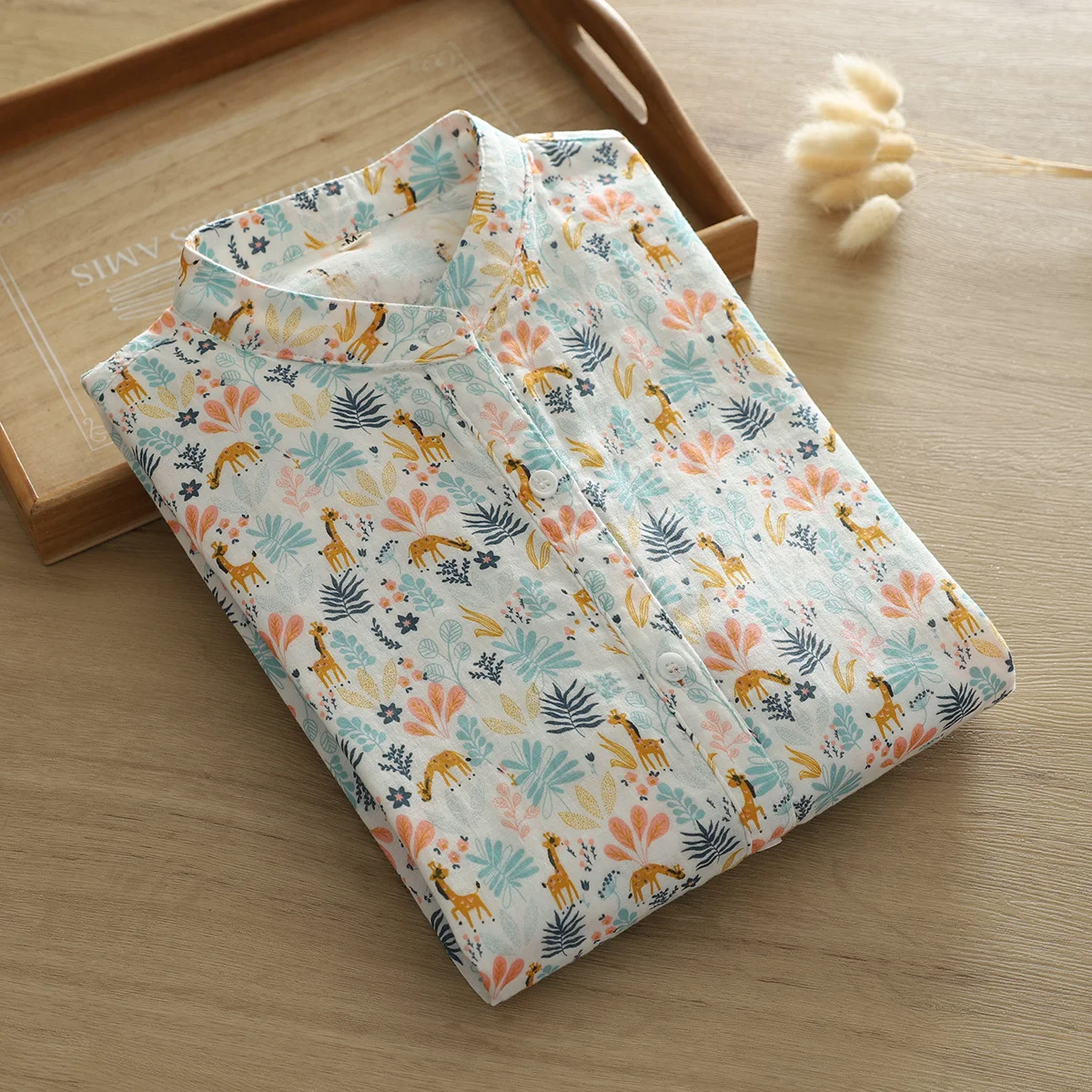 

Женские рубашки с мультяшным жирафом, блузка из 100% хлопка с длинным рукавом, воротником-стойкой, принтом листьев, женские топы, повседневная женская одежда