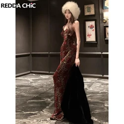 REDDACHiC Rose Pattern Glitter Velvet Long Dress Women Y2k Retro V-neck Bandage Halter Sexy Bodycon Maxi Mermaid Evening Dress