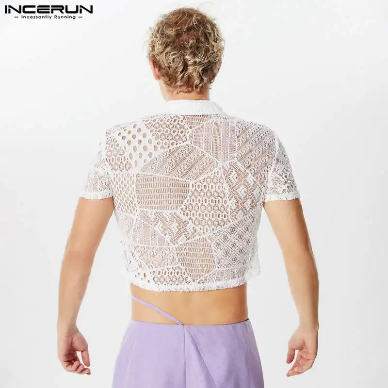 INCERUN Men Shirt Lace Transparent Sexy Lapel Short Sleeve Crop Tops Streetwear Summer 2024 Party Fashion Unisex Shirts S-3XL