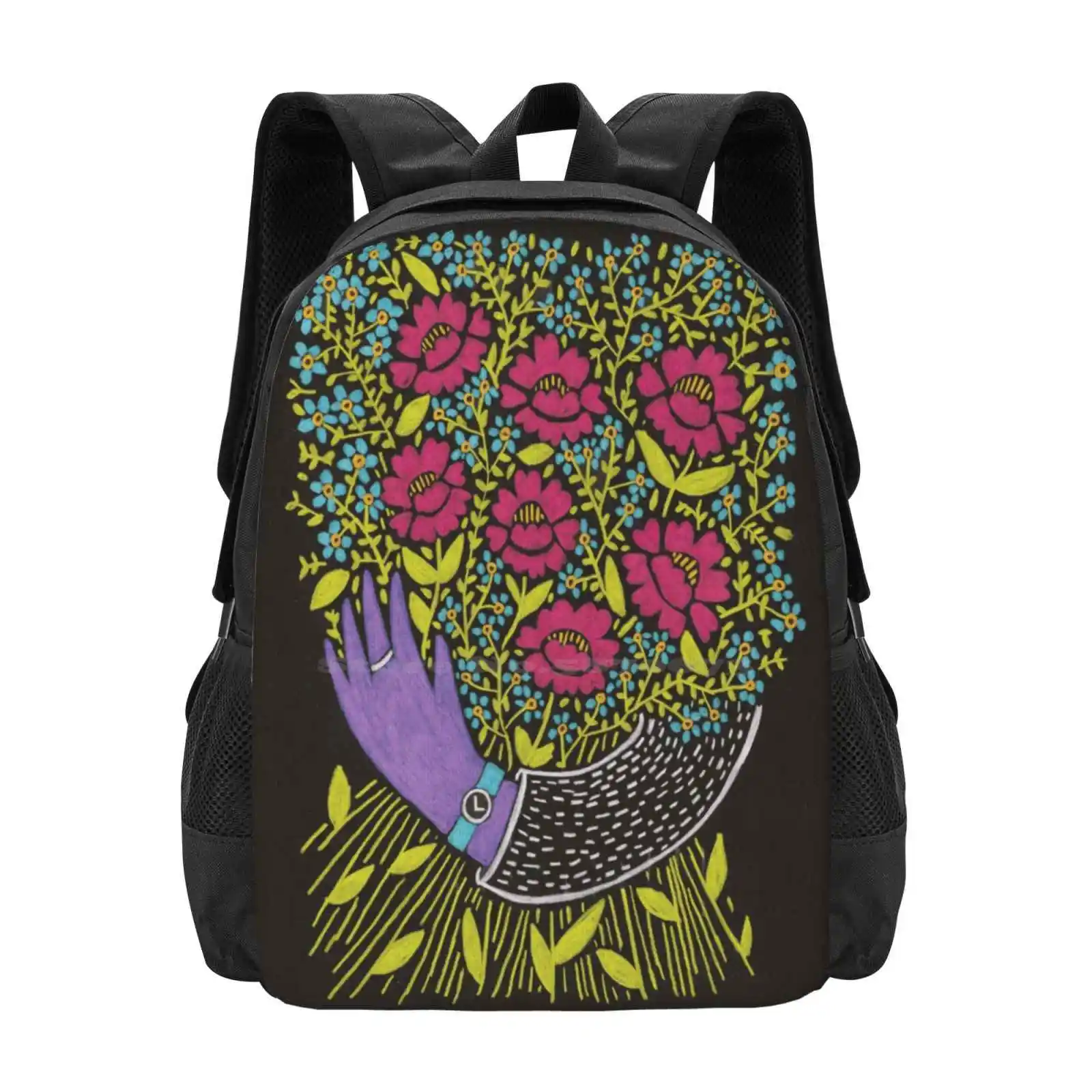 I Picked You These Flowers New Arrivals Unisex Bags Student Bag Backpack Flowers Bouquet Black Dark Colorful Hand Rings Bright