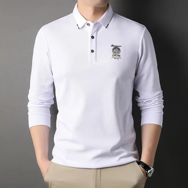 Men's Autumn Pure Cotton Long-sleeved T-shirt Lapel Business Casual Fashion All-match Striped Polo Shirt