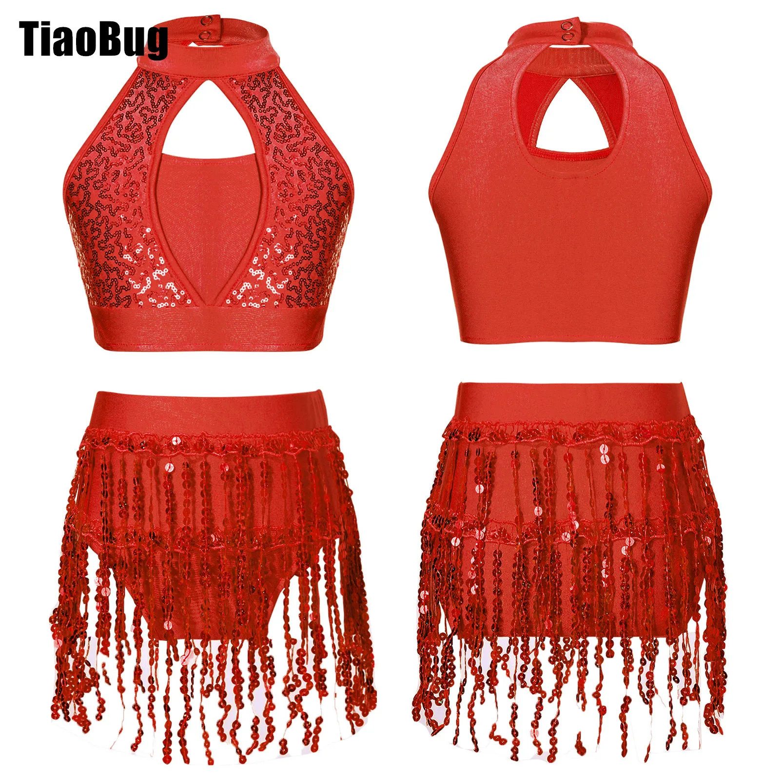 

Kids Girls Sequin Dance Outfit 2-Piece Set Hollow Halter Top Sequin Fringe Shorts Suit for Jazz Latin Samba