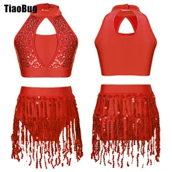 Kids Girls Sequin Dance Outfit 2-Piece Set Hollow Halter Top Sequin Fringe Shorts Suit for Jazz Latin Samba