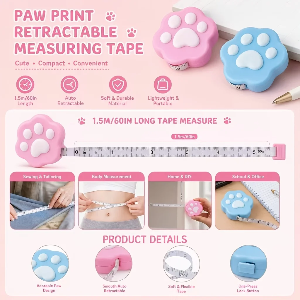 Mini Cartoon Cat Paw Retractable Tape Measure Portable Soft Ruler for Sewing Body Waist Measuring