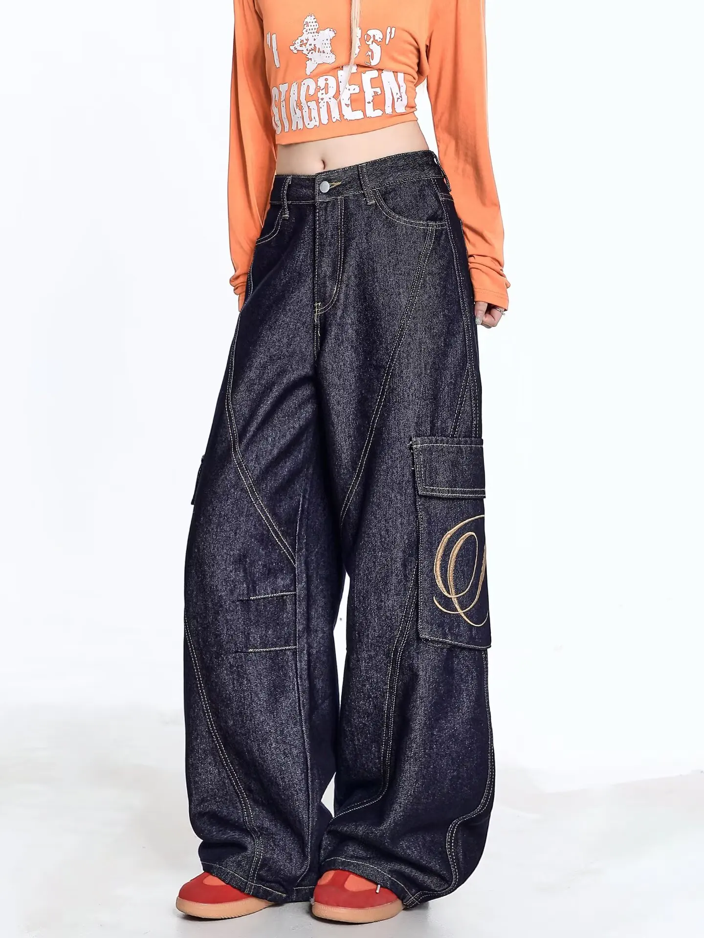 American retro niche vintage wide leg loose jeans women's splicing straight leg casual curved knife long pants trendy Harajuku