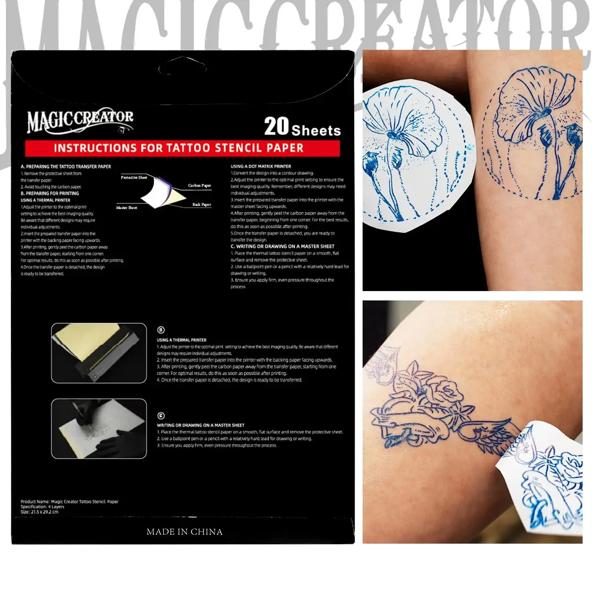 

Magic Creator 20Pcs Tattoo Transfer Paper Stencil Tattoo Stuff 4 Layers Ultra HD Thermal Tattoo Stencil Paper Drawing Size A4