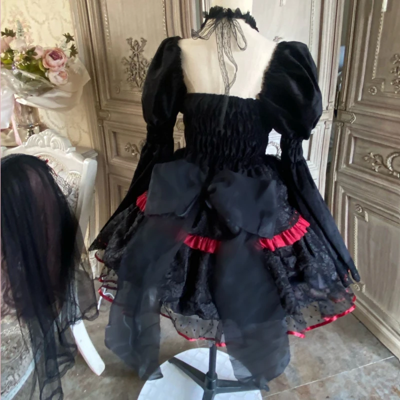 Vestidos de estilo Lolita gótico oscuro para mujer, con cuello de encaje vestido victoriano Halter, corsé de vendaje, moda japonesa, vestido de fiesta de vacaciones