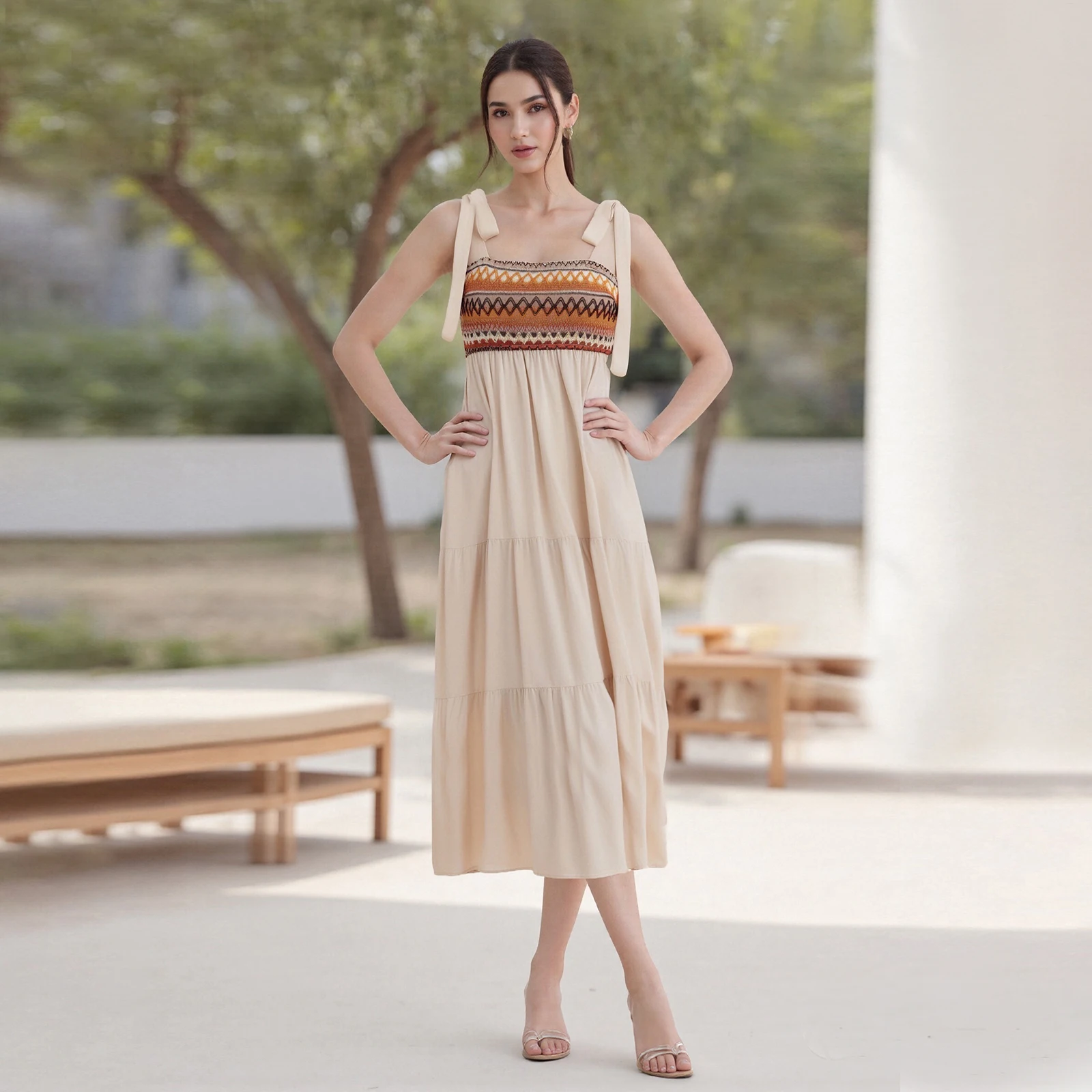 Vestido feminino boho com gravata e ombro, estampa geométrica, pescoço quadrado, sem mangas, costas abertas, linha A, vestido midi com babados em camadas