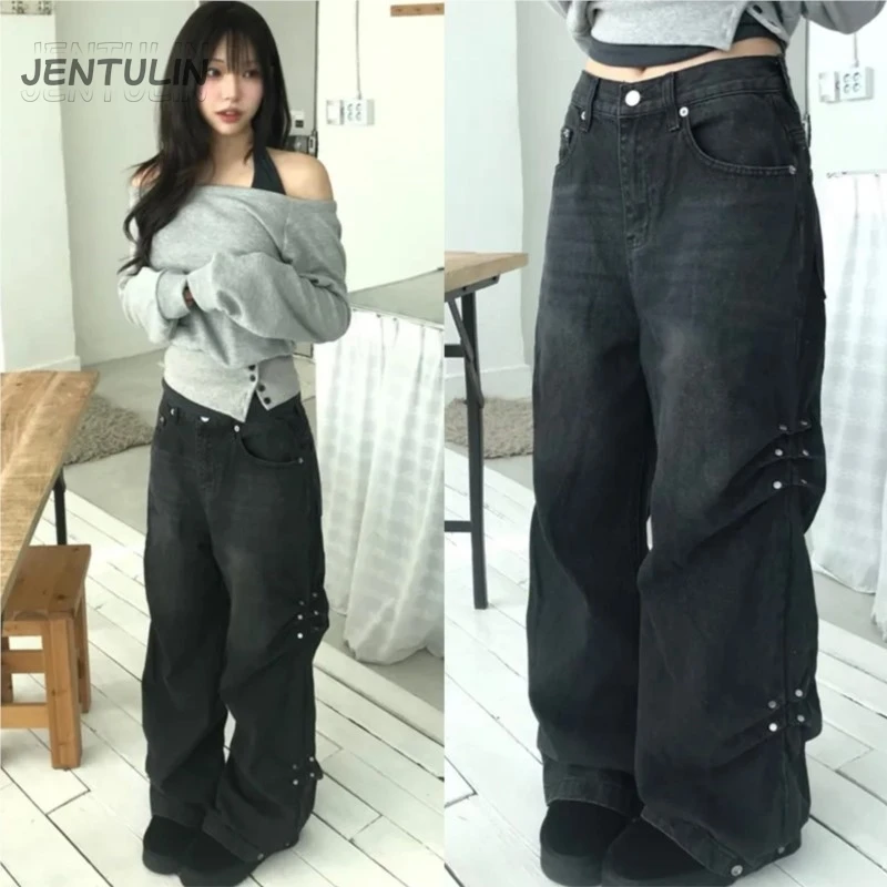 

Y2K Fashion Washed Wide Leg Casual Jeans Women's Spring Summer Trendy Denim Pants High Waist Casual Style Cotton Blend Trousers