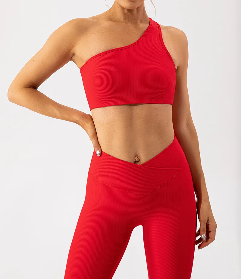 Roupas de ioga para mulheres, calça de ginástica com cintura cruzada, um ombro, sutiã acolchoado, conjuntos de treino, novo, 2 peças