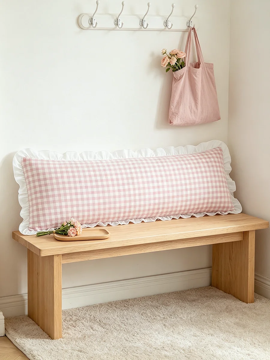 Pink Gingham Ruffle Edge Rectangle 1PC Pillow Cover, Soft Washed Cotton Decorative Waist Cushion Case for Sofa Bed Home Decor