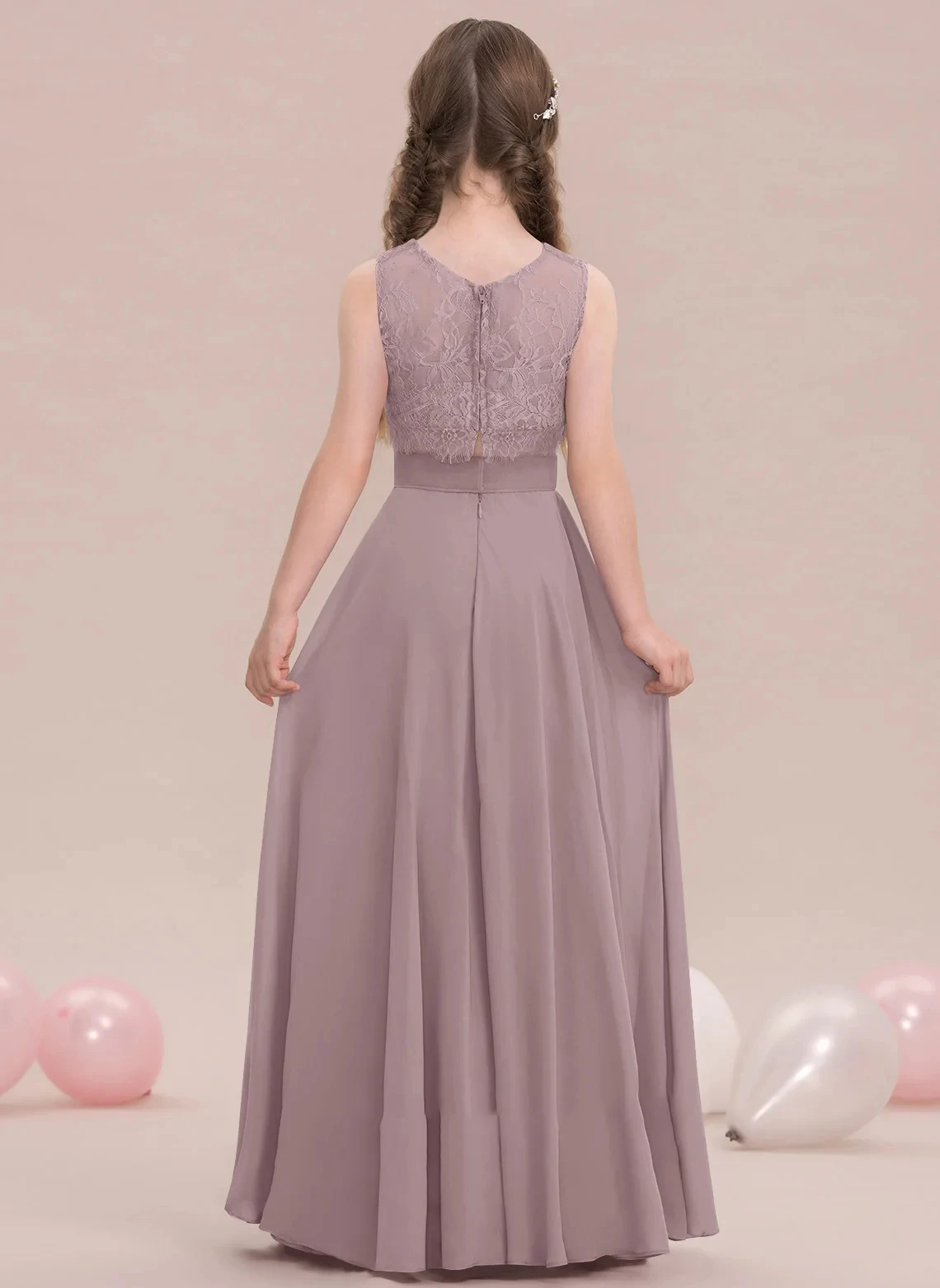 A Line Scoop Floor Length Chiffon Lace Junior Bridesmaid Dress Evening Dress New Elegant Banquet Gowns