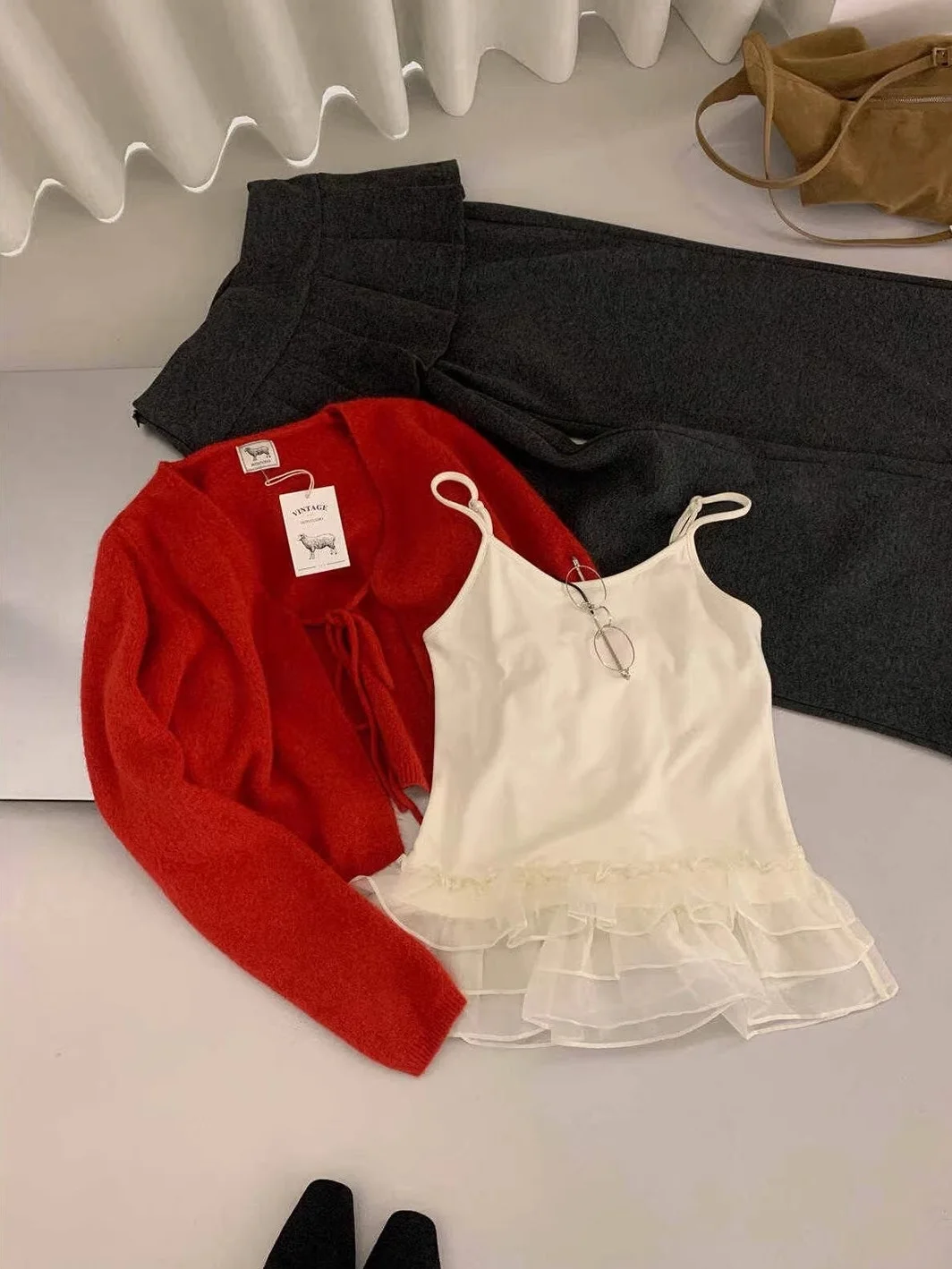 

Autumn Winter Knitted Sweater Cardigan Fce Trim Me Splicing Bell Sve Set Soft Korean Sle Loose Fit Long Sve Girls