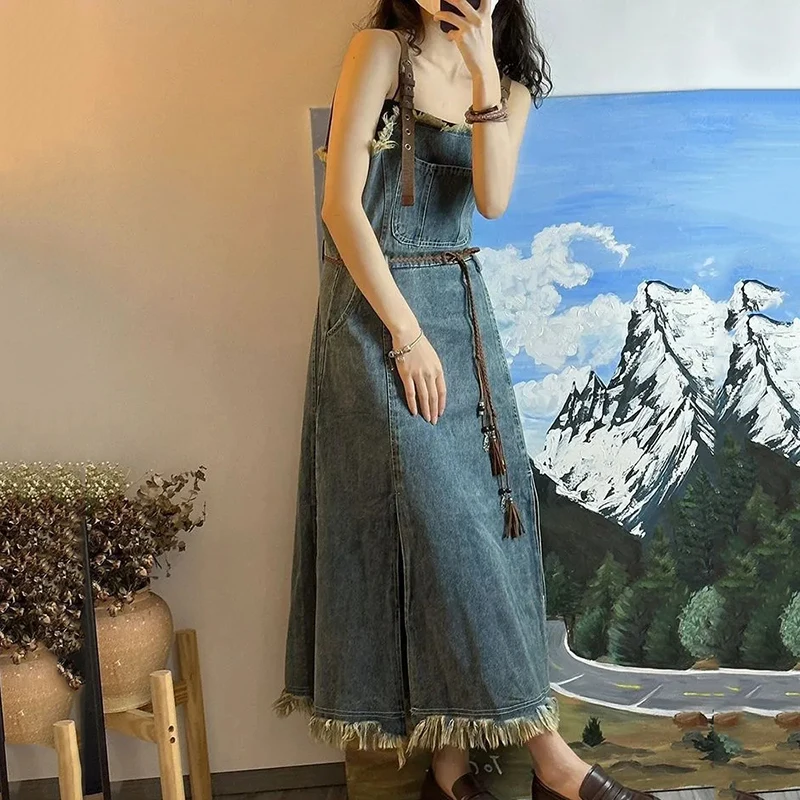 Women's Fried Street Jeans Strap Dresses, Washed Raw Edge, Vintage High Waist Sleeveless, Long Cowboy Dress, Summer, New, 2023