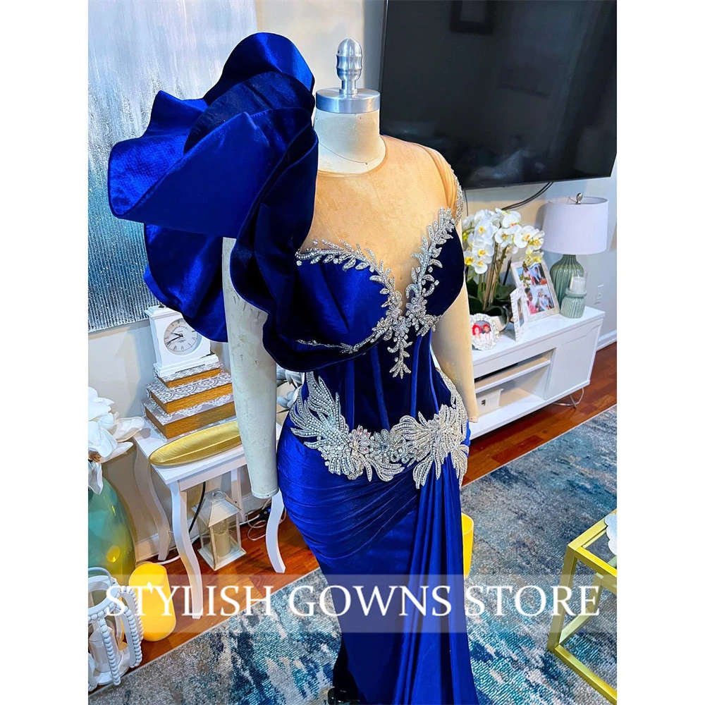 slim fit dress slacks Chic Royal Blue Long Sleeves Prom Dress Mermaid One Shoulder With Crys –  DSProm main image 1