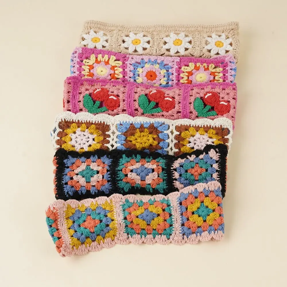 

Elegant Flower Knitted Headband Colorful Bohemian Ethnic Style Hair Band Beach Headwear Pastoral Hollow Crochet Bandana Girls