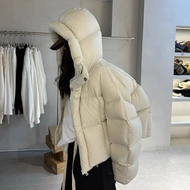 Winter 90% White Duck Down Jacket Women Short 2024 Korean Fashion Hooded Thick Warm Parkas Loose Oversized Puffer Coat Outwear