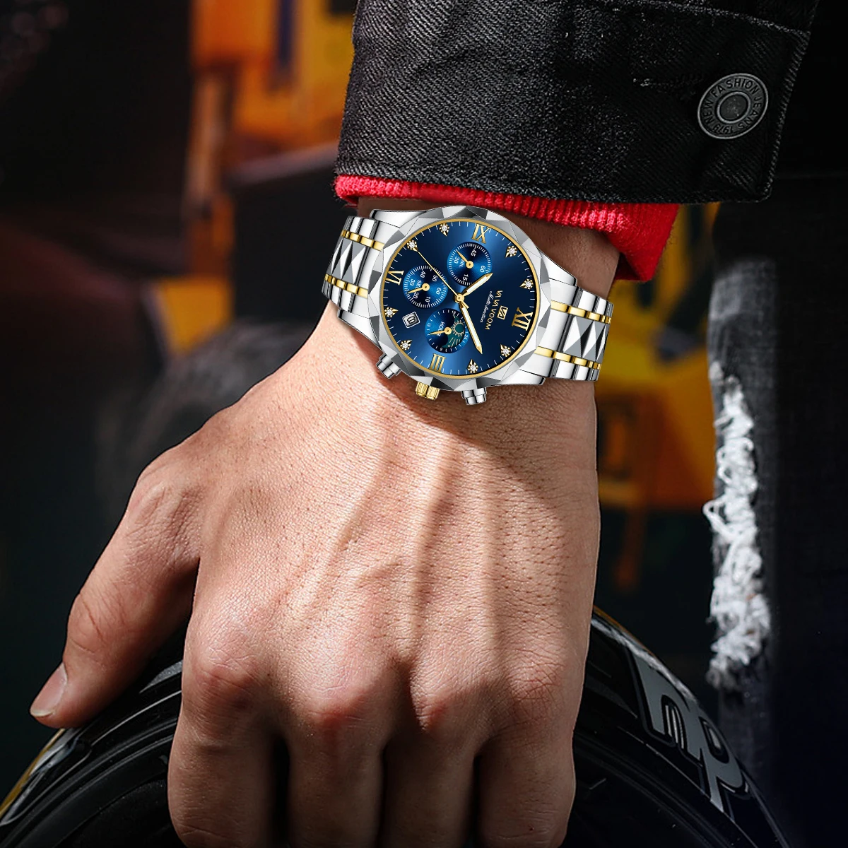 Stainless Steel Mens Watch Multifunctional Sub Dial Luxury Rhinestone Blue Gold Dial Fashionable Business Style Quartz Men Watch