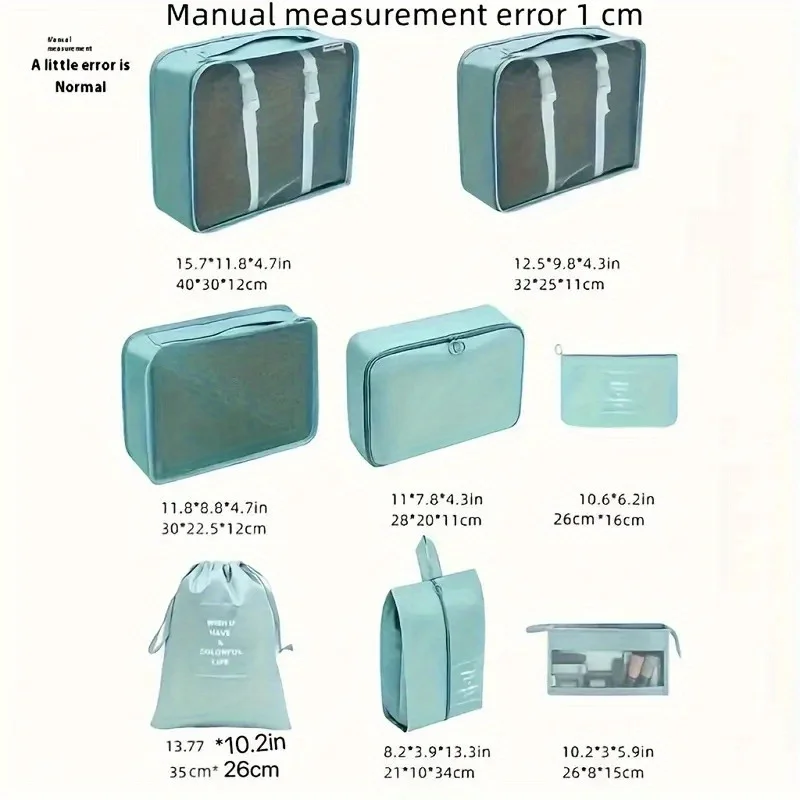 مجموعة تخزين للسفر مكونة من 7 قطع مع مكعبات تغليف متينة من البوليستر، تتميز بمقتبسات ملهمة، بما في ذلك مساحة للملابس