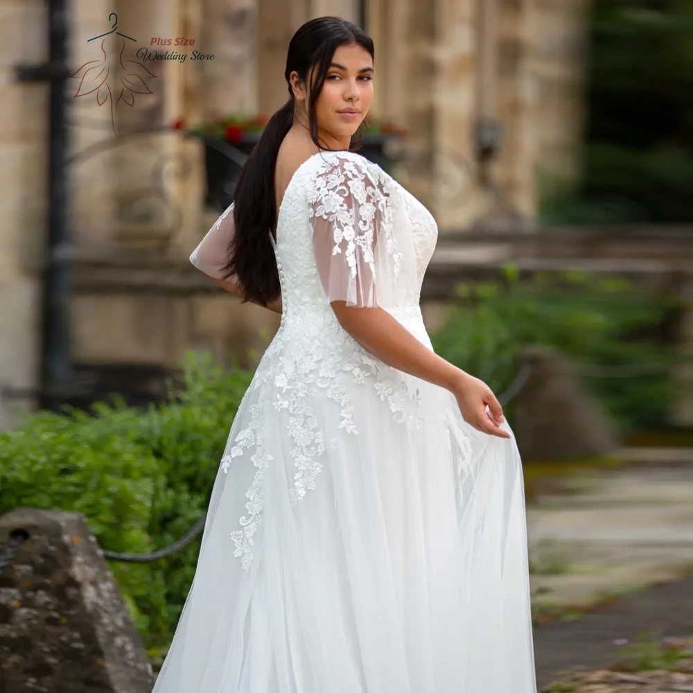 Vestidos De novia clásicos De corte en A, traje De novia De talla grande con cuello en V, Media manga, apliques De botón trasero, tren De barrido, tul