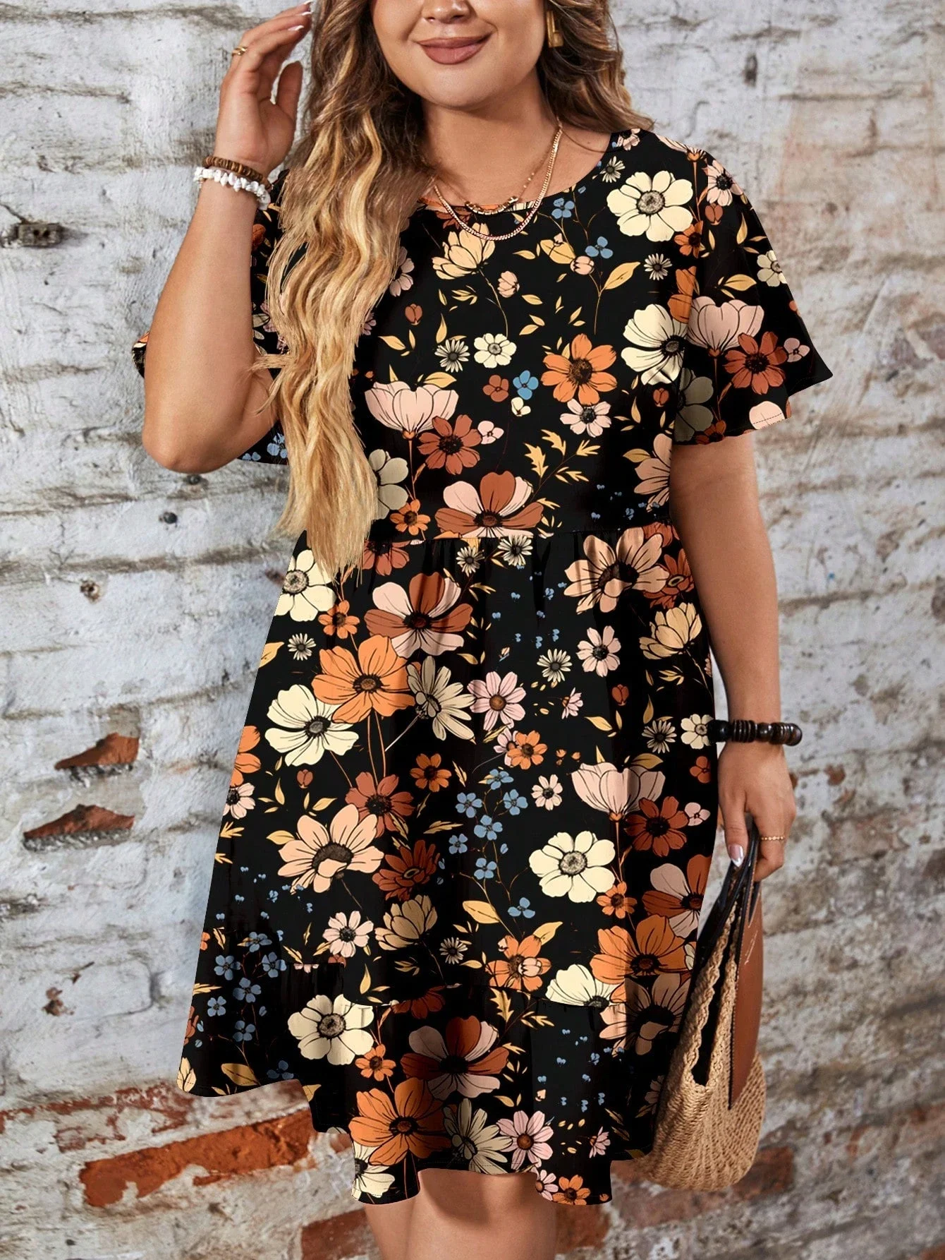 

Casual Floral Loose Fit Round Neck Short Sleeve Dress For Women Spring Summer Beach Boho