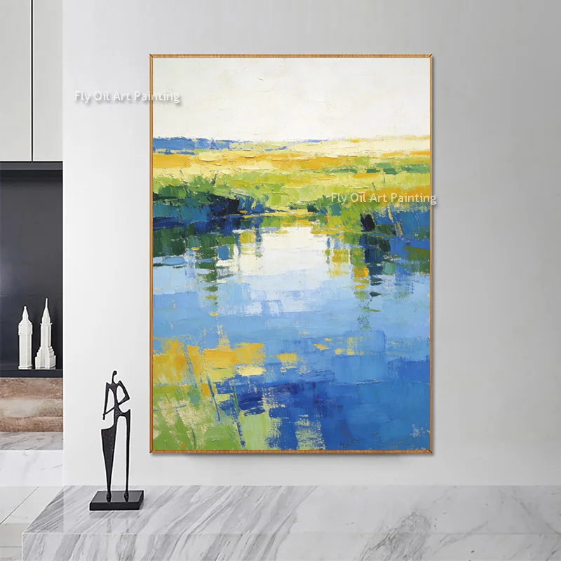 Green Grass Blue Lake Oil Painting On Canvas New Handpainted Beautiful Yellow Blue River Landscape Oil Painting For Home Decor