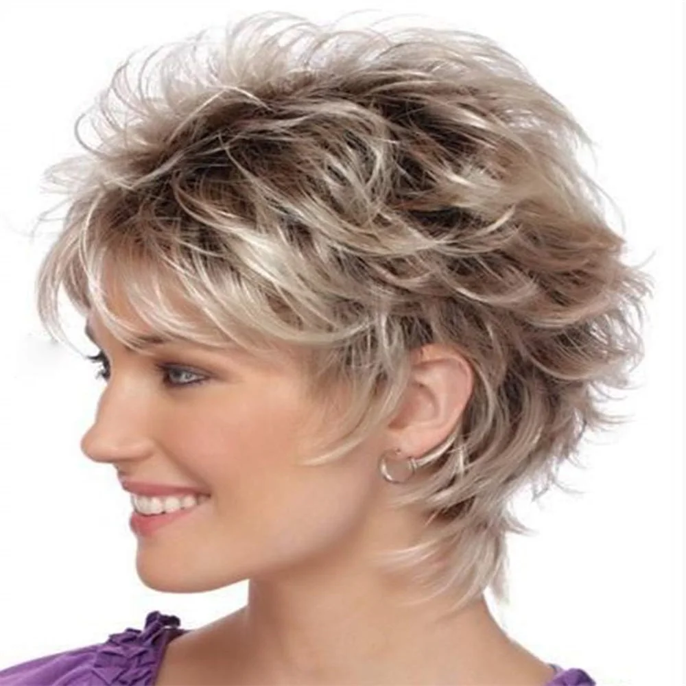 HAIRJOY Synthetic Hair Short Blonde Pixie Cut Wigs for White Women Dark Brown Ombre Blonde Synthetic Hair Wigs
