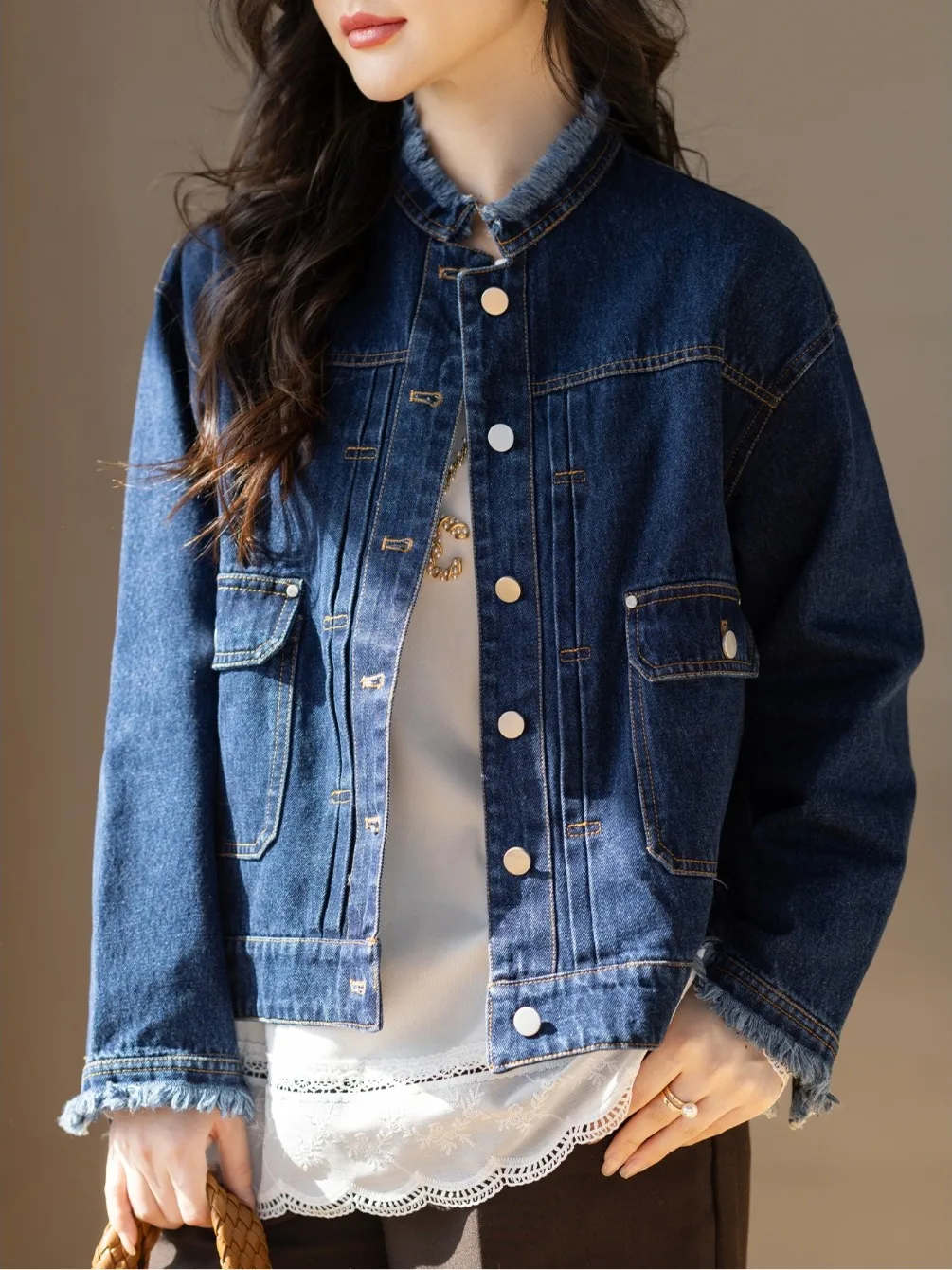 Retro Washed Denim Short Jacket Women's Spring Autumn Small Stand Collar Furry Top Loose Fit Regular Thickness Ladies Outerwear