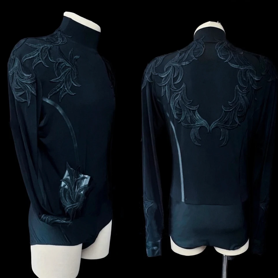 Heren Latin danskostuum met hoge hals, top voor volwassenen, professioneel ballroomdansvoorstellingskostuum, kunstexamen