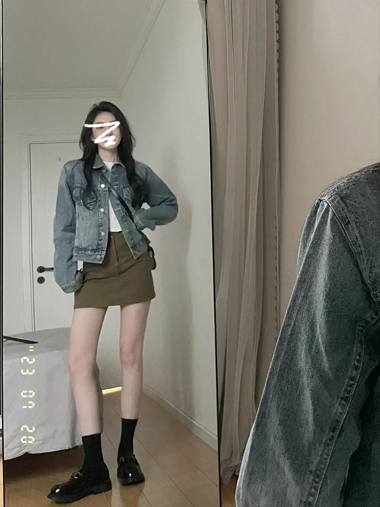 เสื้อแจ็คเก็ตยีนส์สไตล์อเมริกันสำหรับผู้หญิง ไซส์พลัส ลำลอง สไตล์อเมริกัน เสื้อคลุมอเนกประสงค์ สไตล์เรโทร กลิ่นอายฮ่องกง เก๋ไก๋