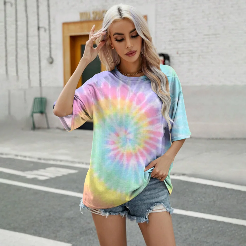 2024 Trend New T-shirt Fashion Colorful Tie Dyeing Pattern Print T-shirt Leisure Loose Women\'s Round Neck T-shirt Simple T-shirt