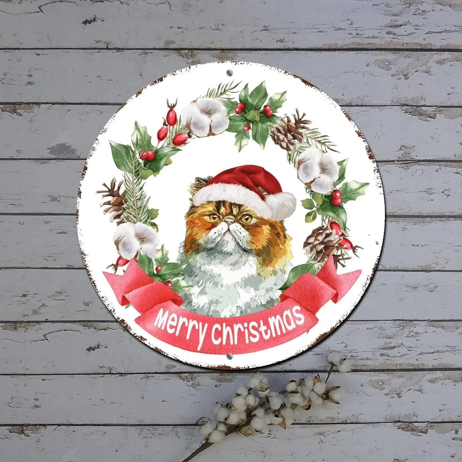 Merry Christmas Door Sign Vintage Cat with Santa Painting Hat Holly Wreath Round Metal Tin Sign Christmas Decorations Wreath Ret