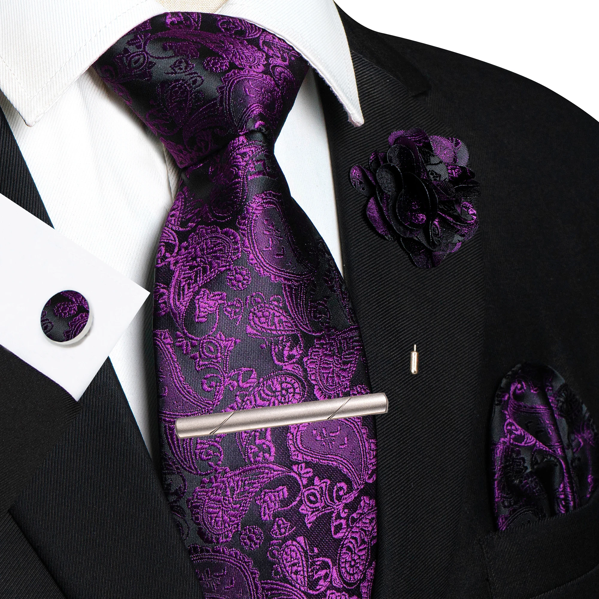 Champagnerfarbene Seidenkrawatte mit Blumen-Paisley-Muster für Herren, Bräutigam, Hochzeit, Herrenkrawatte, Einstecktuch, Manschettenknöpfe, Brosche, Krawattenklammer, Accessoire – Detail 13