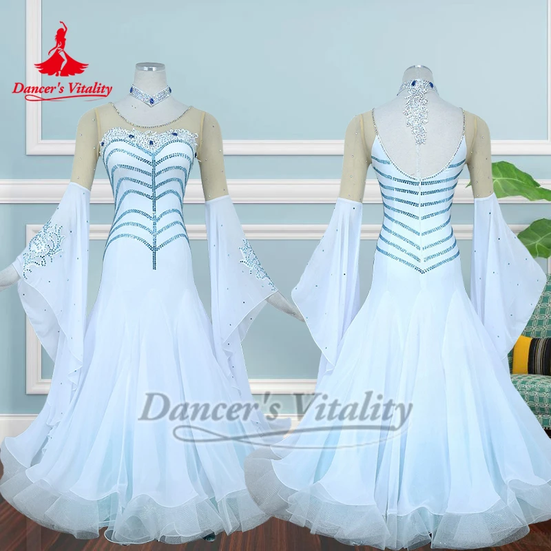 화이트 플레어 슬리브 스탠다드 소셜 댄스 공연 드레스 댄서의 활력 성인 여성 왈츠 대회 의상 목걸이 포함 맞춤 제작