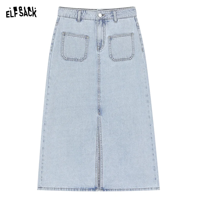 ELFSACK [Dopamine Series] Front slit denim skirt for women\'s spring 2024 new high waisted design