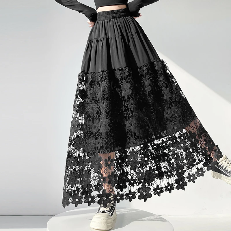 Lace Skirt Spring Summer, High Waist A-Line Flowy Maxi with Hollow-Out Detail, Stretchy Comfort Fit & Slimming Casual Skirts