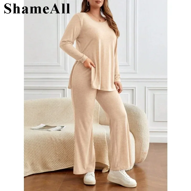 Women's Plus Size New in Autumn Round neck slit long sleeved T-shirt And Straight Leg Pants Two Piece Outfits