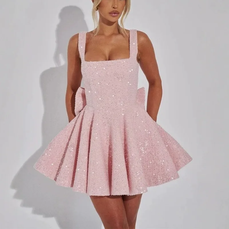 

New Sexy Sequins Bow Backless Sexy Mini Dress for Women Square Collar Sleeveless High Waist A-line Birthday Party Dress