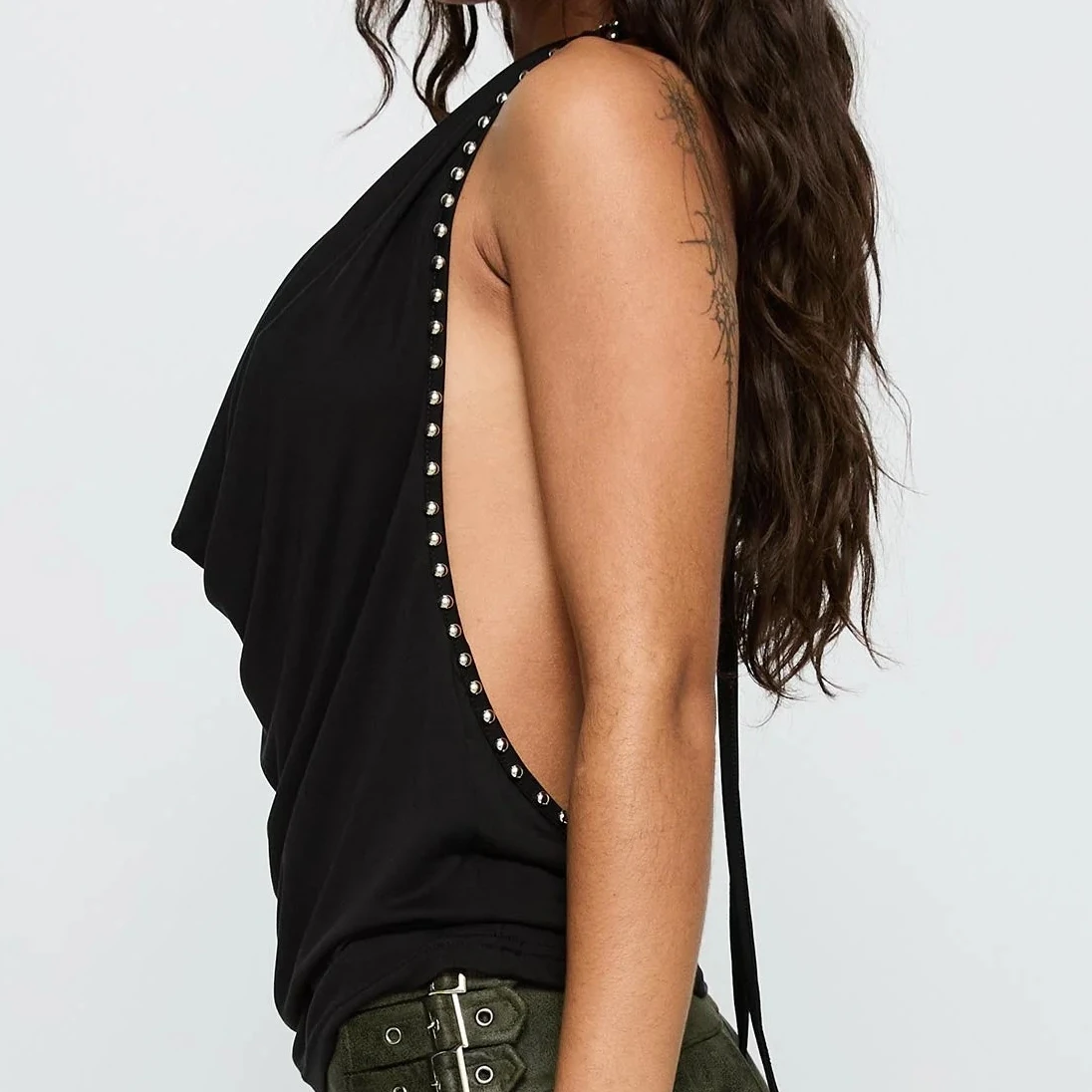 Women's Rivet Studded Halter Tank Top Slim Fit Cowl Neck Backless Vest Summer Streetwear Fashionable