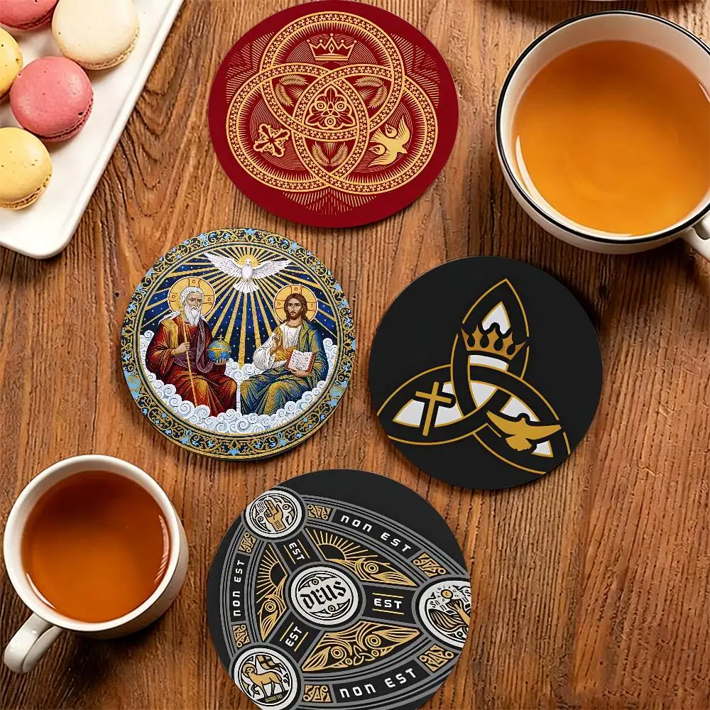 Trinity of God Round Wooden Coaster Decorative Coffee Cup for Use in Coffee Shops Bars