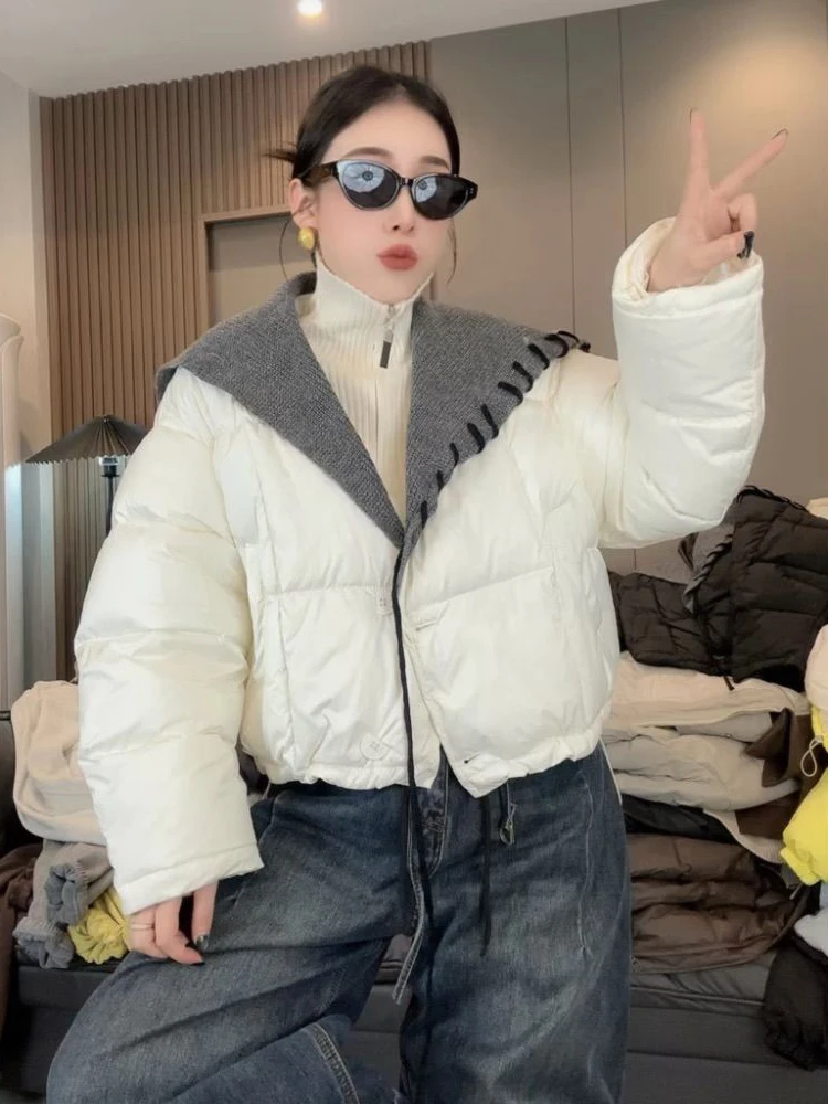 

2025 Winter New Shawl Knitted Collar Short Style Down Cotton Jacket Women's Loose and Thick Fashion and Versatile Coat