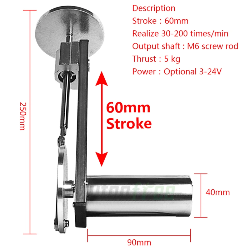 

Мини-телескопический линейный привод 3-24 В, телескопический ход, мотор-привод с кулисом 60 мм, пластина 80 мм, резьба M6, 30-200 раз/мин