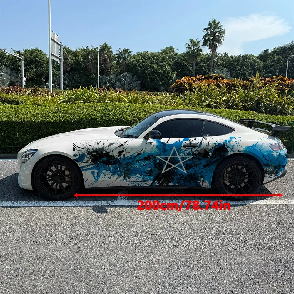 2pcs Blue & White Star Graffiti Car Side Wraps, Self-Adhesive PVC Waterproof & Scratch-Resistant Stickers, Car Accessory Gift