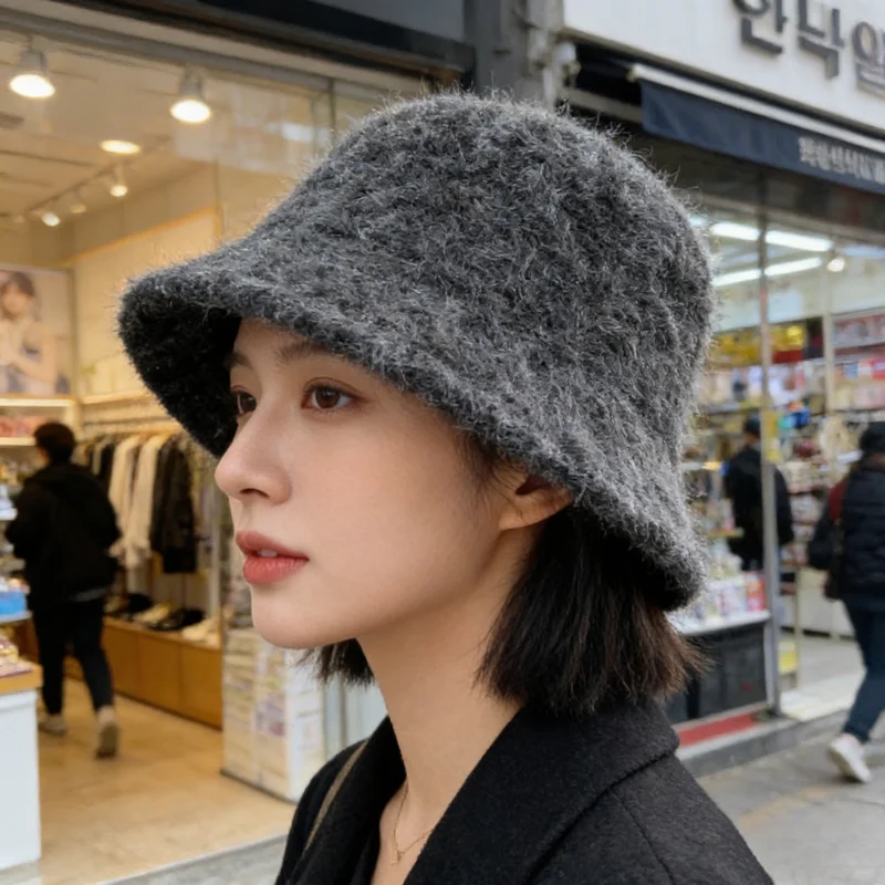 Korean Bucket Hat Winter Large Headband Warm Fisherman Cap Soft Plush Fur Fisherman Basin Cap Foldable Women Gift